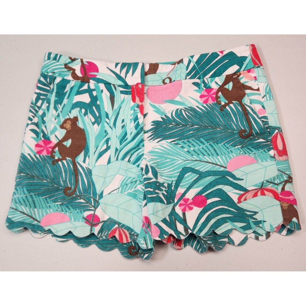 TALBOTS Shorts W 6P Tropical Green Pink Brown Jungle Monkey Scalloped Textured
